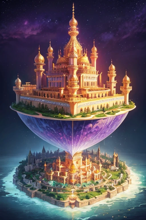 floating island with golden Muslim palace with vegetation and rivers with a tower in the center with a purple fire and blue sky background