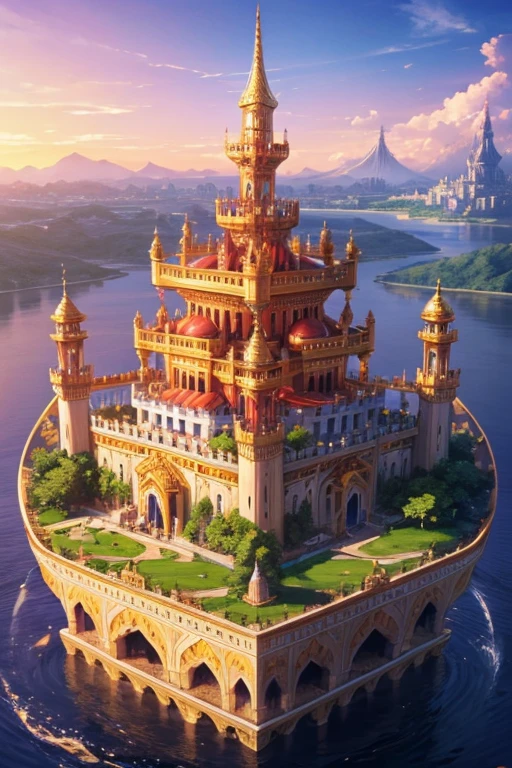 floating island with golden Muslim palace with vegetation and rivers with a tower in the center with a purple fire and blue sky background