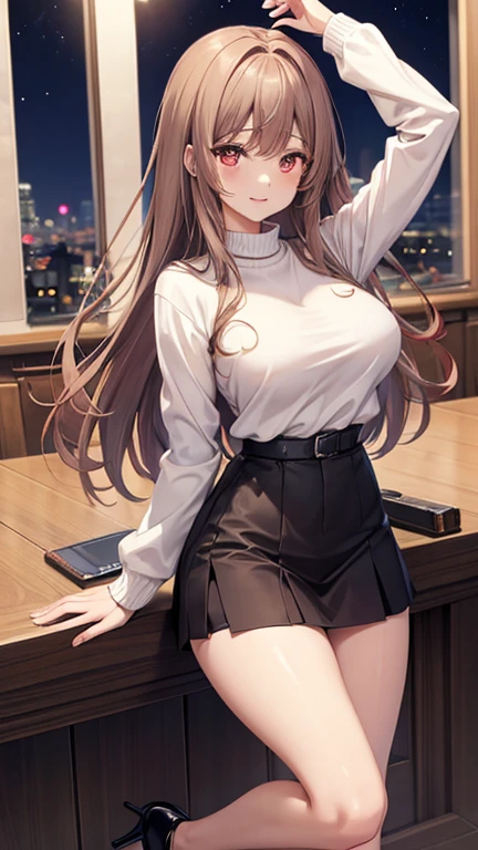 Game , goddess of victory nikke, Rapi , light brown hair, alluring eyes ,beautiful face , crystal red eyes , long hair ,sweater shirt, cream colour shirt, trousers, cheerful eyes, ,g cup breast, slender waist, bewitching thighs, , five fingers each hand, two hand ,two leg , in town, date, hunch over, standing, beautiful, high heels, night life