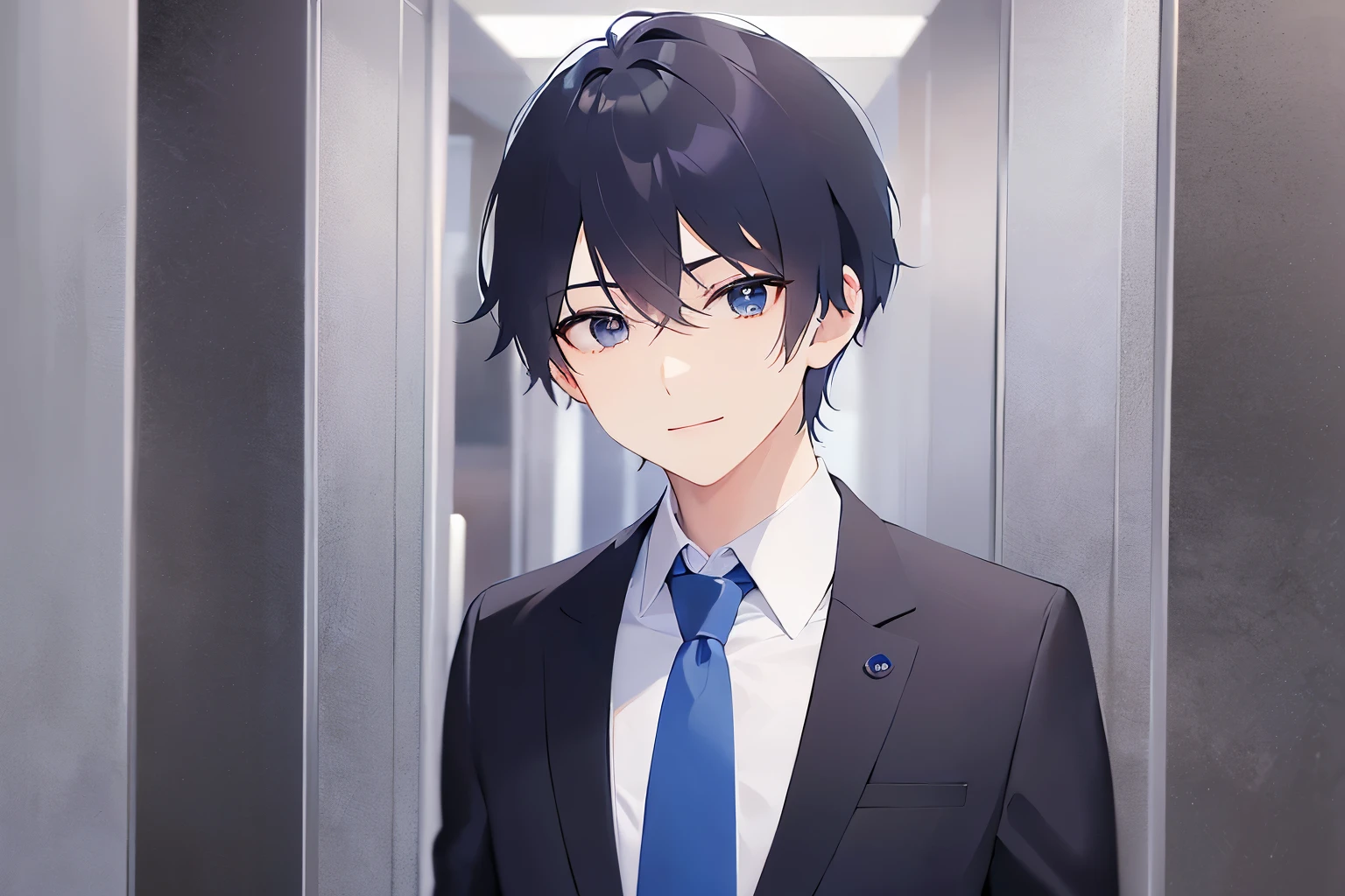 upper body、shiny skin, masterpiece、highest quality、(28-year-old male) and (Black short hair) and (blue eyes), (Wearing a suit:1.5) and (White collared shirt:1.0) and (Blue tie)、(light smile:1.2)、The background is elevator、Alone