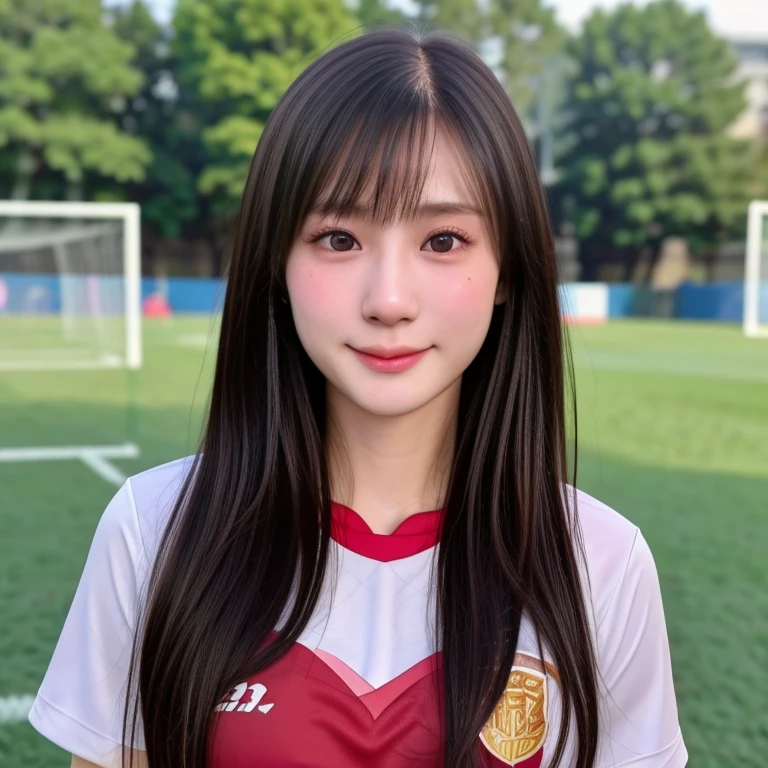 (kawaii 24 year-old Japanese girl, Nogizaka idol, Korean idol, soccer player), healthy female athlete body, (glossy black hair, very short hair, bangs:1.3), beautiful black eyes, rounded face, single eyelid, (no makeup:1.2), (soft smiling:1.2), (soccer uniform:1.3), extra small breasts, BREAK, (park background, summer daytime:1.2), (dynamic angle, bust shot:1.2), BREAK, (masterpiece, best quality, photo realistic, official art:1.4), (UHD, 8K quality wallpaper, high resolution, raw photo, golden ratio:1.3), (shiny skin), professional lighting, physically based rendering, award winning, (highly detailed skin texture, extremely detailed face and eyes textures), Carl Zeiss 85 mm F/1.4, depth of field, (1girl, solo),