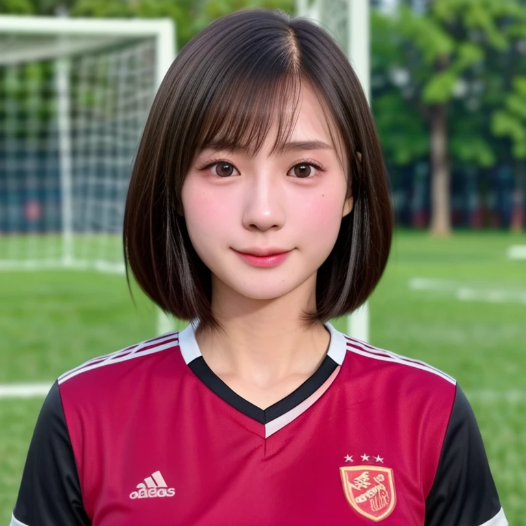 (kawaii 24 year-old Japanese girl, Nogizaka idol, Korean idol, soccer player), healthy female athlete body, (glossy black hair, very short hair, bangs:1.3), beautiful black eyes, rounded face, single eyelid, (no makeup:1.2), (soft smiling:1.2), (soccer uniform:1.3), extra small breasts, BREAK, (park background, summer daytime:1.2), (dynamic angle, bust shot:1.2), BREAK, (masterpiece, best quality, photo realistic, official art:1.4), (UHD, 8K quality wallpaper, high resolution, raw photo, golden ratio:1.3), (shiny skin), professional lighting, physically based rendering, award winning, (highly detailed skin texture, extremely detailed face and eyes textures), Carl Zeiss 85 mm F/1.4, depth of field, (1girl, solo),