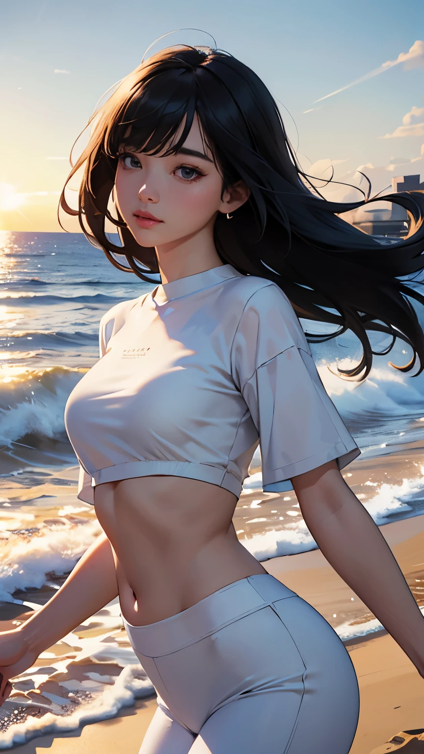 (logo、masterpiece、8k、Tabletop、RAW Photos、wonderful、最high quality、Photorealistic and Very detailed CG integrated 8k wallpaper、high quality、Very detailed、Narrative poem、Particle Effects、Dynamic Effects、Written boundary depth、Cinematic Light、Lens flare、Ray Tracing)、Fantasy、 (One beautiful woman、White pants、White T-shirt、White tube top、White crop top、Black-haired、Beautiful Face、True Face、Beautiful details、eye、Beautiful Skin、Ultimate Body、glamorous)、私の髪はWindに舞う、Hair flutters in Wind、Hair bounces、Seaside、wonderful景色、Coastal、sunrise、Sun in the background、Wind、Beach