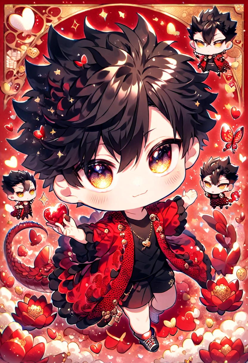 Ultra detailed, Highres, absurdres, HDR, Kuroo Tetsurou chibi, black hair, expressive golden eyes, red coat with patterns, Haikyuu, black shirt, fantasy, glittering red butterflies, ruby, petals, handsome, man, very detailed eyes and face, master piece, glittering, red lotus, red background, hugging a ruby red dragon, cute, love, magical, best quality, perfect features