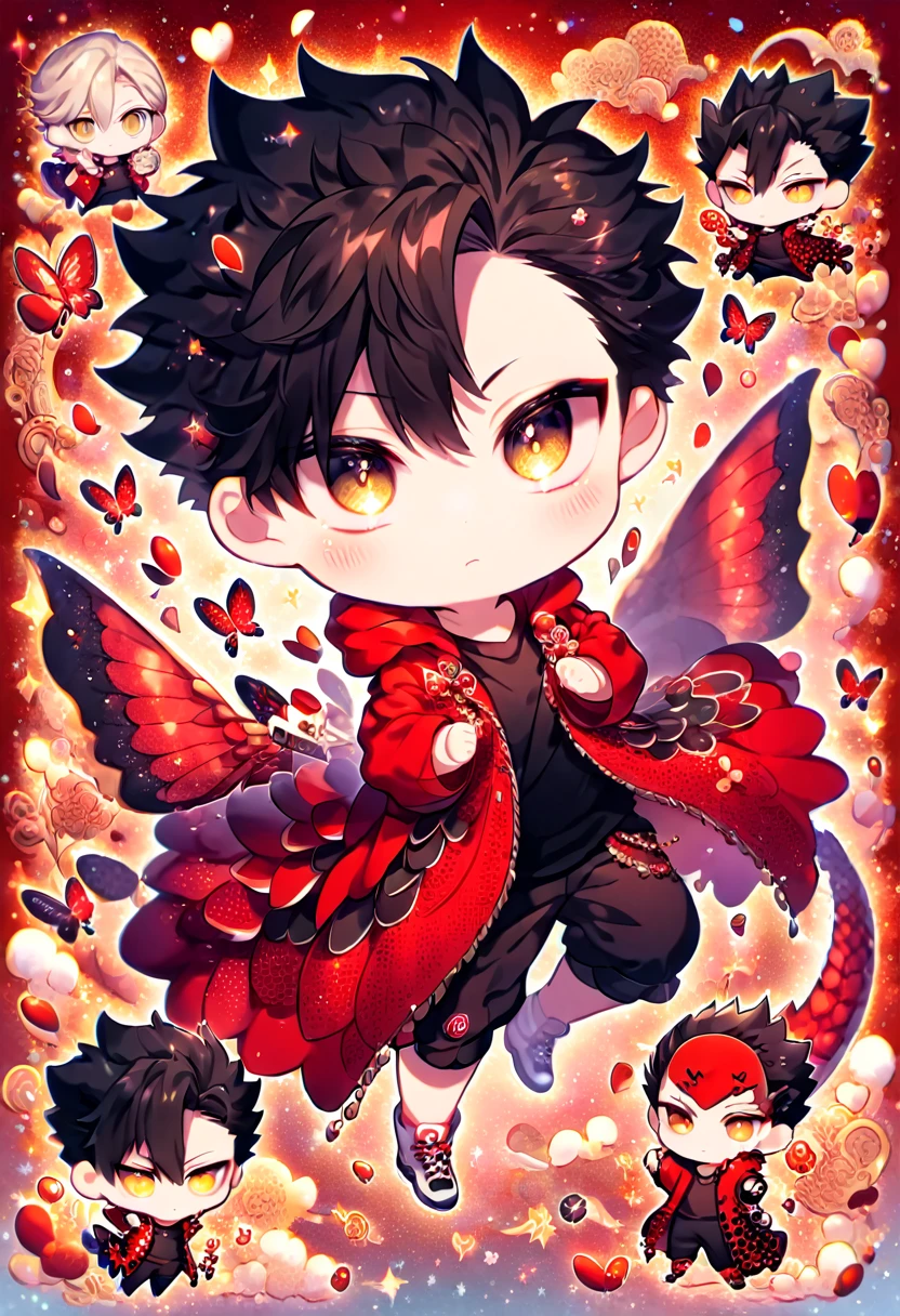 Ultra detailed, Highres, absurdres, HDR, Kuroo Tetsurou chibi, black hair, expressive golden eyes, red coat with patterns, Haikyuu, black shirt, fantasy, glittering red butterflies, ruby, petals, handsome, man, very detailed eyes and face, master piece, glittering, red lotus, red background, hugging a ruby red dragon, cute, love, magical, best quality, perfect features