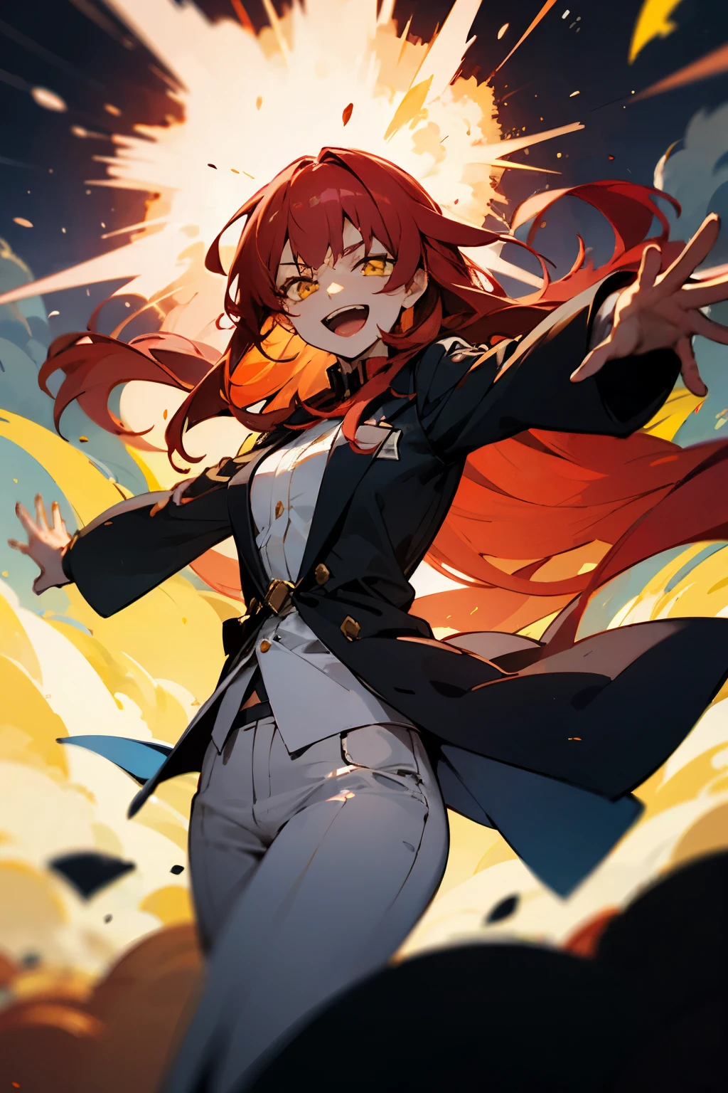 Female, red hair, yellow eyes, long hair, open arms, explosion in the background, laughing, sadistic look, suit