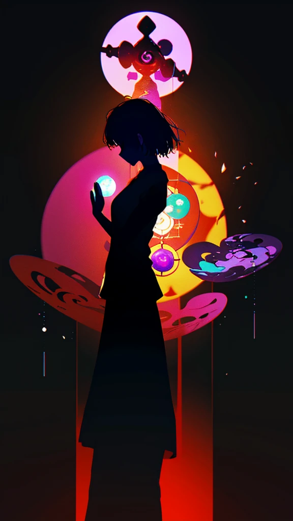 A silhouette in a meditative pose is painted in black, standing out against a bright and colorful background. The chakras are represented as gradient circles, ranging from red at the base to violet at the top, emitting subtle glows. Abstract and organic patterns surround the silhouette, evoking nature and harmony. The painting captures the balance and inner peace of chakras and yoga in a minimalist and evocative artistic composition.Couple