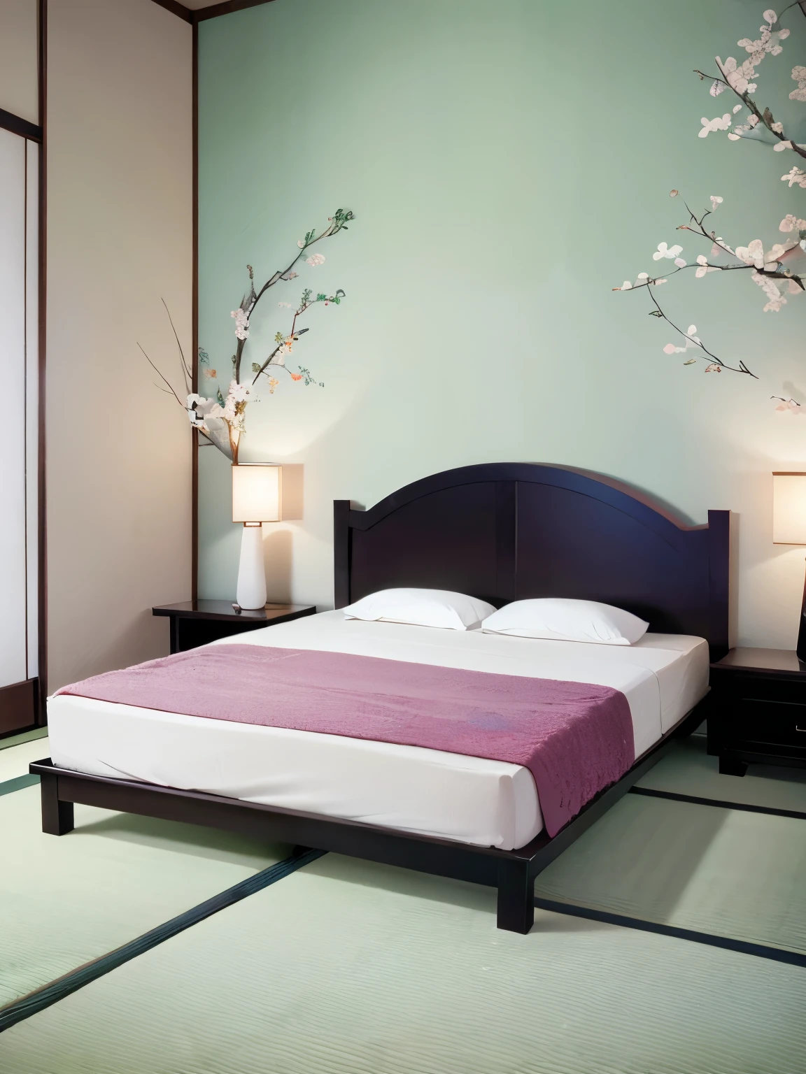 Japanese house background, night, bedroom, beautiful wall decorations, aesthetic interior, aesthetic mattress