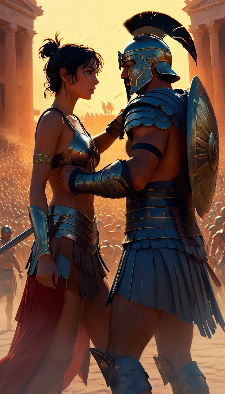 Intense gladiator duel, set in ancient Rome, historical, RAW photo, Ultra High Quality, Ultra High Resolution, Surreal, Ultra Precision, Color Correct, Good Lighting Settings, Harmonious Composition, Very Low Noise, Sharp Edges, Award-winning work, highly detailed figures, greg rutkowski, loish, rhads, beeple, makoto shinkai and lois van baarle, ilya kuvshinov, rossdraws, tom bagshaw, detail, glowwave, directed by Ridley Scott (black hawk down,gladiator)
