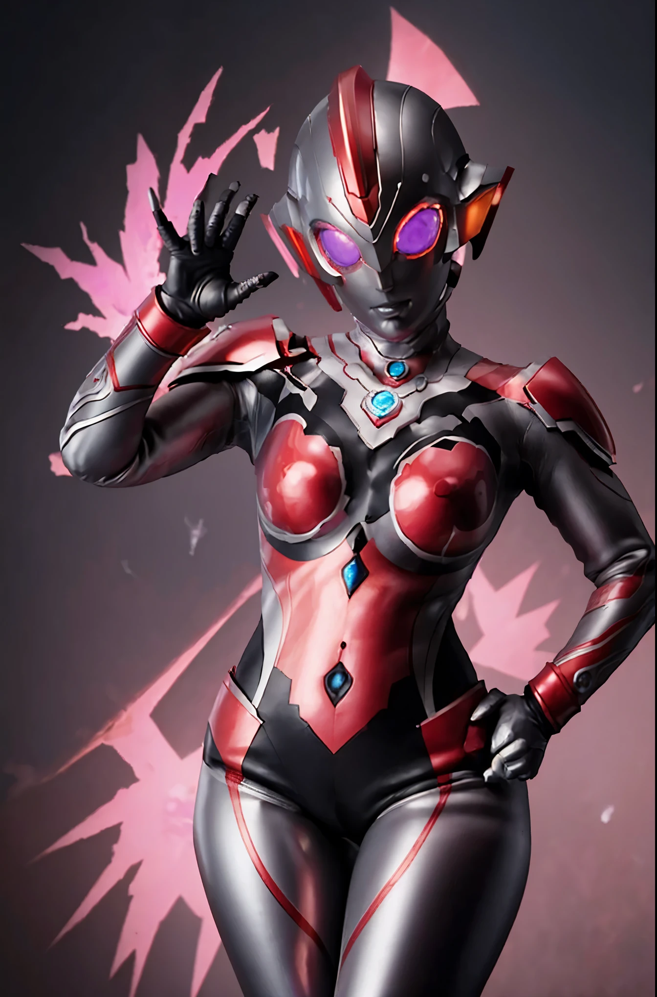 Ultraman Woman. (high quality)(luster)(Black and Pink thema color)(Black Face and red eyeline)women only. The whole body is covered with a black bodysuit. Spike decoration. Pink lines all over the body. Heart tattoo in belly. purple coloreye. pink glow crystal. pink sharp claw. sexy pose. Emphasize the belly button. dark background.