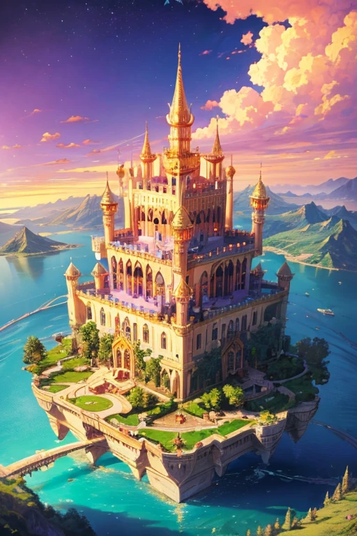 floating island with golden Muslim palace with vegetation and rivers with a tower in the center with a purple fire and blue sky background