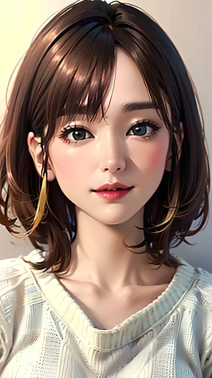 (Top quality masterpiece:1.2) Delicate illustrations, Very detailed, /Beautiful Japanese Women、1 person,Very cute and slim、Great style 、((8k images、super high quality))、Very delicate face, beautifule forehead、Large Breasts、Bright red lipstick,(((((short hair、Light brown hair、Blonde hair))))),very cute、Kind eyes,((((Tight sweater、V-neck))))