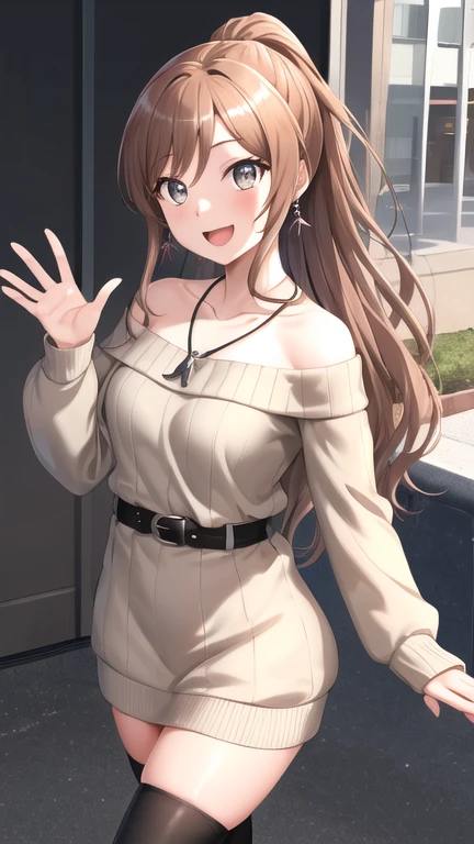 masterpiece, best quality, highres, aalisa, long hair, ponytail, grey eyes, earrings, necklace, collarbone, off shoulder, sweater dress, long sleeves, black thighhighs, street, standing, cowboy shot, smile, waving, open mouth,