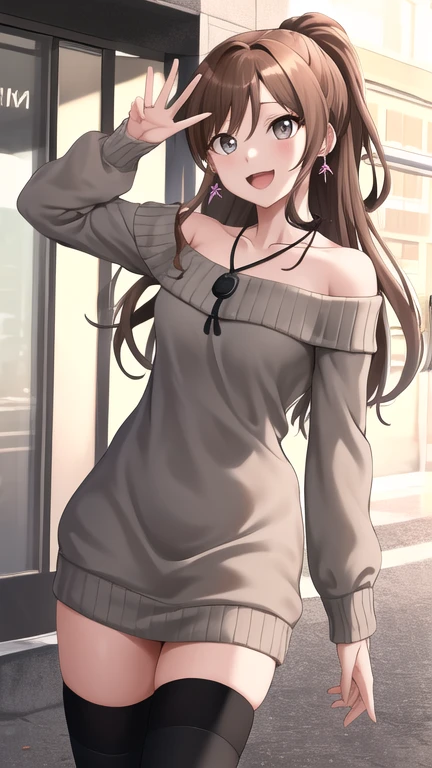 masterpiece, best quality, highres, aalisa, long hair, ponytail, grey eyes, earrings, necklace, collarbone, off shoulder, sweater dress, long sleeves, black thighhighs, street, standing, cowboy shot, smile, waving, open mouth,