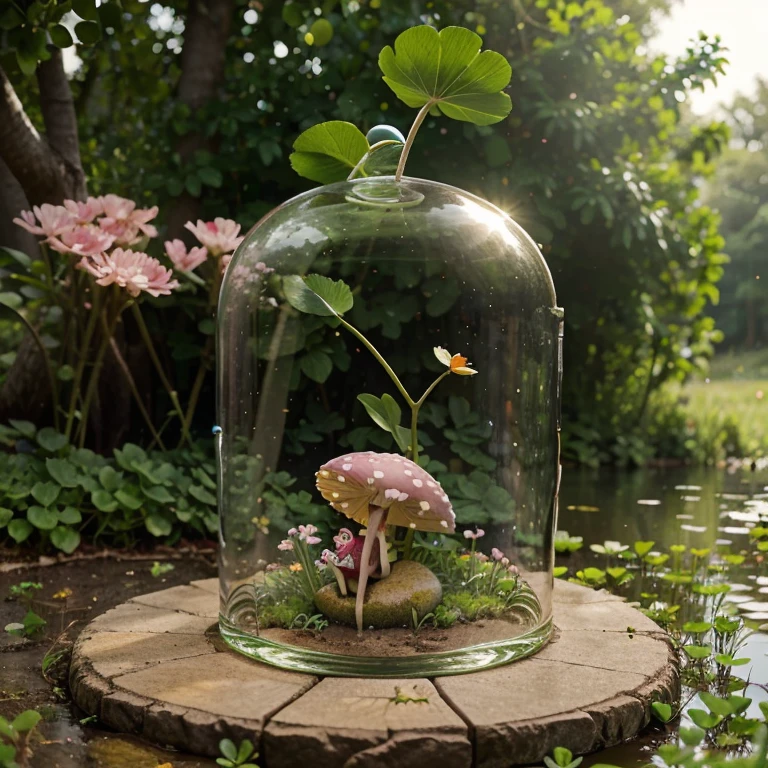 Draw a serene and peaceful pink lake., surrounded by lush and colorful clovers, where they have fun and throw leprechauns. In one of the jars, little frog sitting, happy and contented, in a cylinder on the head and an umbrella in the shape of a fly agaric mushroom. Around the lake, there are other friendly animals, For example, singing birds, butterflies dance and dragonflies buzz. Create a magical and enchanting scene, which will take children into a world of imagination and adventure.!  
