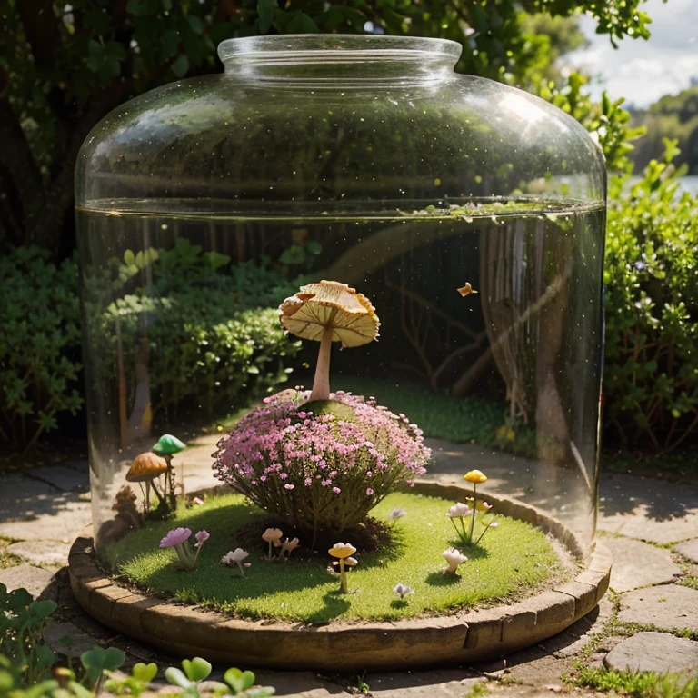 Draw a serene and peaceful pink lake., surrounded by lush and colorful clovers, where they have fun and throw leprechauns. In one of the jars, little frog sitting, happy and contented, in a cylinder on the head and an umbrella in the shape of a fly agaric mushroom. Around the lake, there are other friendly animals, For example, singing birds, butterflies dance and dragonflies buzz. Create a magical and enchanting scene, which will take children into a world of imagination and adventure.!