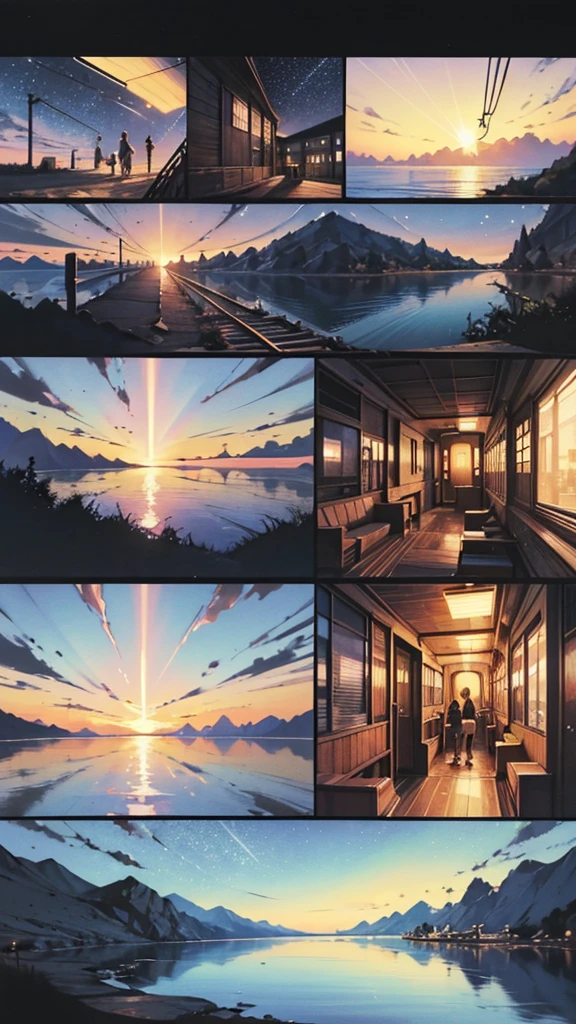 comic strip，Cartoon Split（4 or 5 or 6 tiles），Storyboard，Masterpiece, Anime train passing through bodies of water on tracks, Bright starry sky. Romantic train, Makoto Shinkai's picture, Pisif, concept-art, Lofi art style, Reflection. By Makoto Shinkai, Lofi art, beautiful anime scenes, Anime landscape, Detailed scenery —width 672, in the style of makoto shinkai, Makoto Shinkai's style, Enhanced detail.
