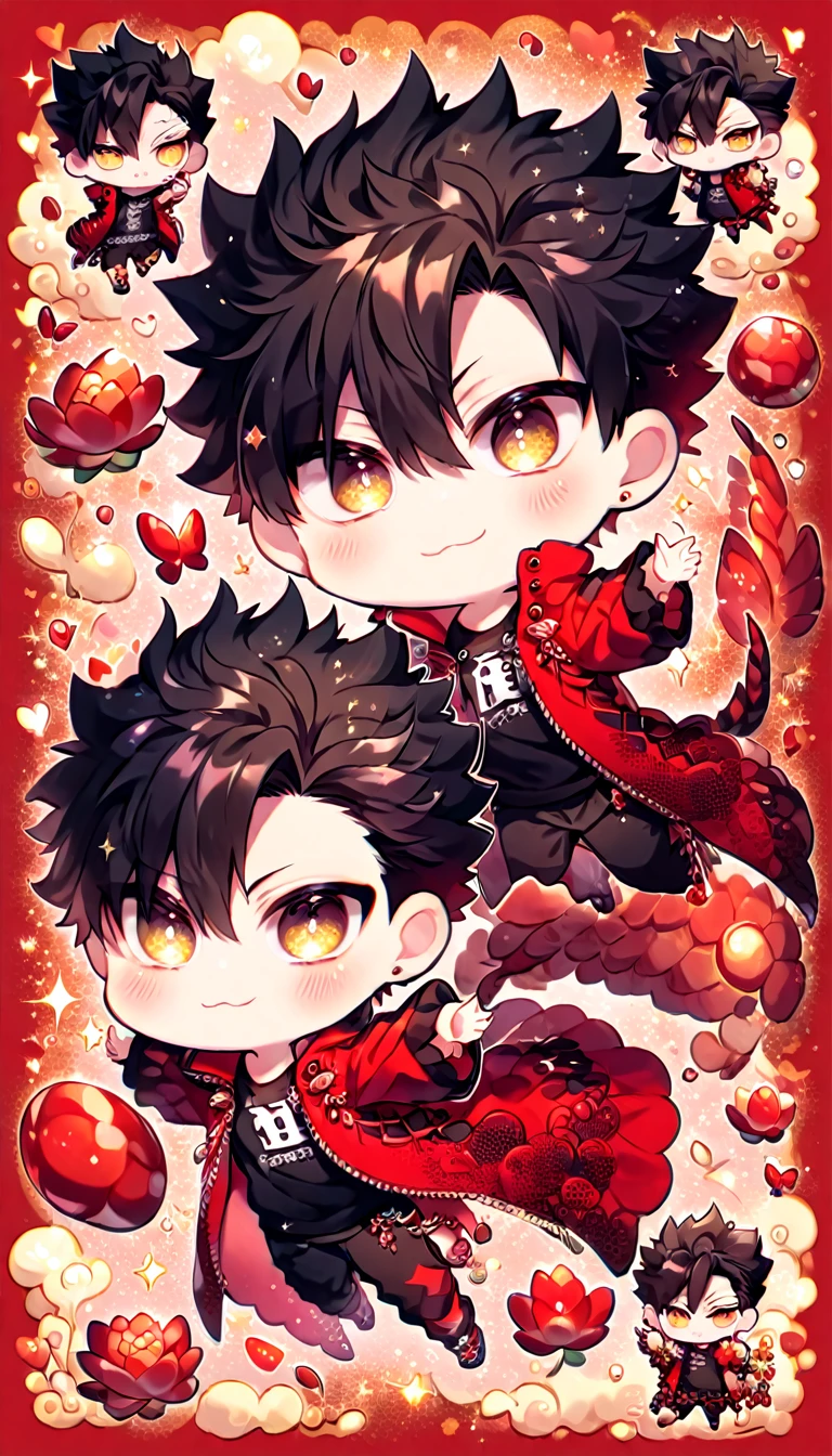 Ultra detailed, Highres, absurdres, HDR, Kuroo Tetsurou chibi, black hair, expressive golden eyes, red coat with patterns, Haikyuu, black shirt, fantasy, glittering red butterflies, ruby, petals, handsome, man, very detailed eyes and face, master piece, glittering, red lotus, red background, hugging a ruby red dragon, cute, love, magical, best quality, perfect features