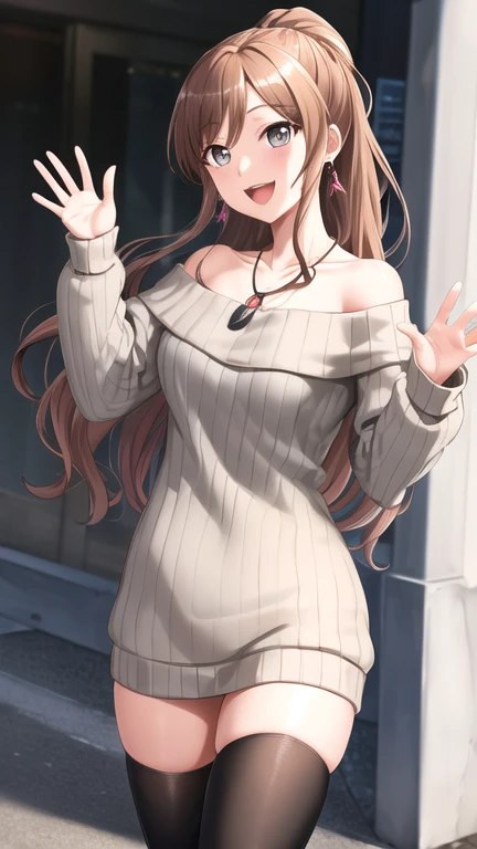 masterpiece, best quality, highres, aalisa, long hair, ponytail, grey eyes, earrings, necklace, collarbone, off shoulder, sweater dress, long sleeves, black thighhighs, street, standing, cowboy shot, smile, waving, open mouth,