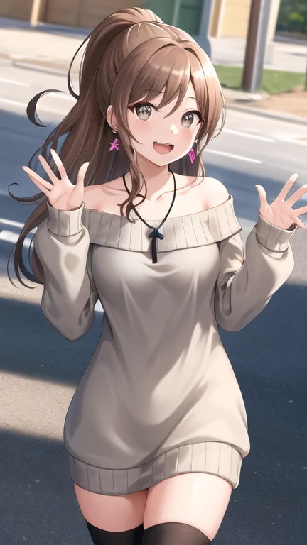 masterpiece, best quality, highres, aalisa, long hair, ponytail, grey eyes, earrings, necklace, collarbone, off shoulder, sweater dress, long sleeves, black thighhighs, street, standing, cowboy shot, smile, waving, open mouth,