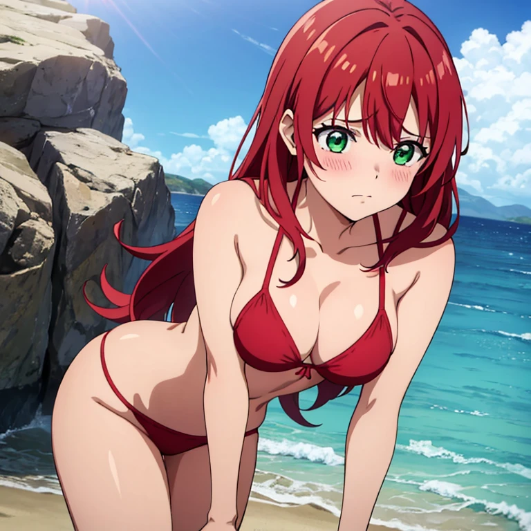 A girl plays happily on the beach in a red bikini and looks like she is in her 20s.. Decides acostarte un poco para hablar con ella., pero una piedra la hace caer y ella cae encima de ti, leaving yourself in an awkward position. The girl blushes and becomes very sad.. and you can see in his green eyes that he is attracted to you