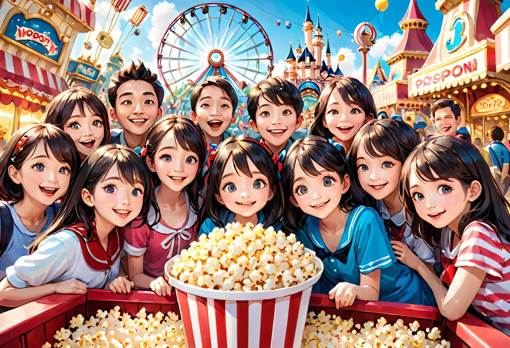 highest quality, highest quality, High-quality illustrations, masterpiece, Ultra-high resolution, Detailed Background, Detailed Background, Popcorn、amusement park, Disneyland, Group shot:0.5, 6+boy, 6+girl, Popcornを持っている、Happy, Joyful, Absurd(Very exquisite beautiful face and eyes)Perfect Anatomy(A photo I took with my friends)(kemono, Furry Personification)Selfie:0.5,