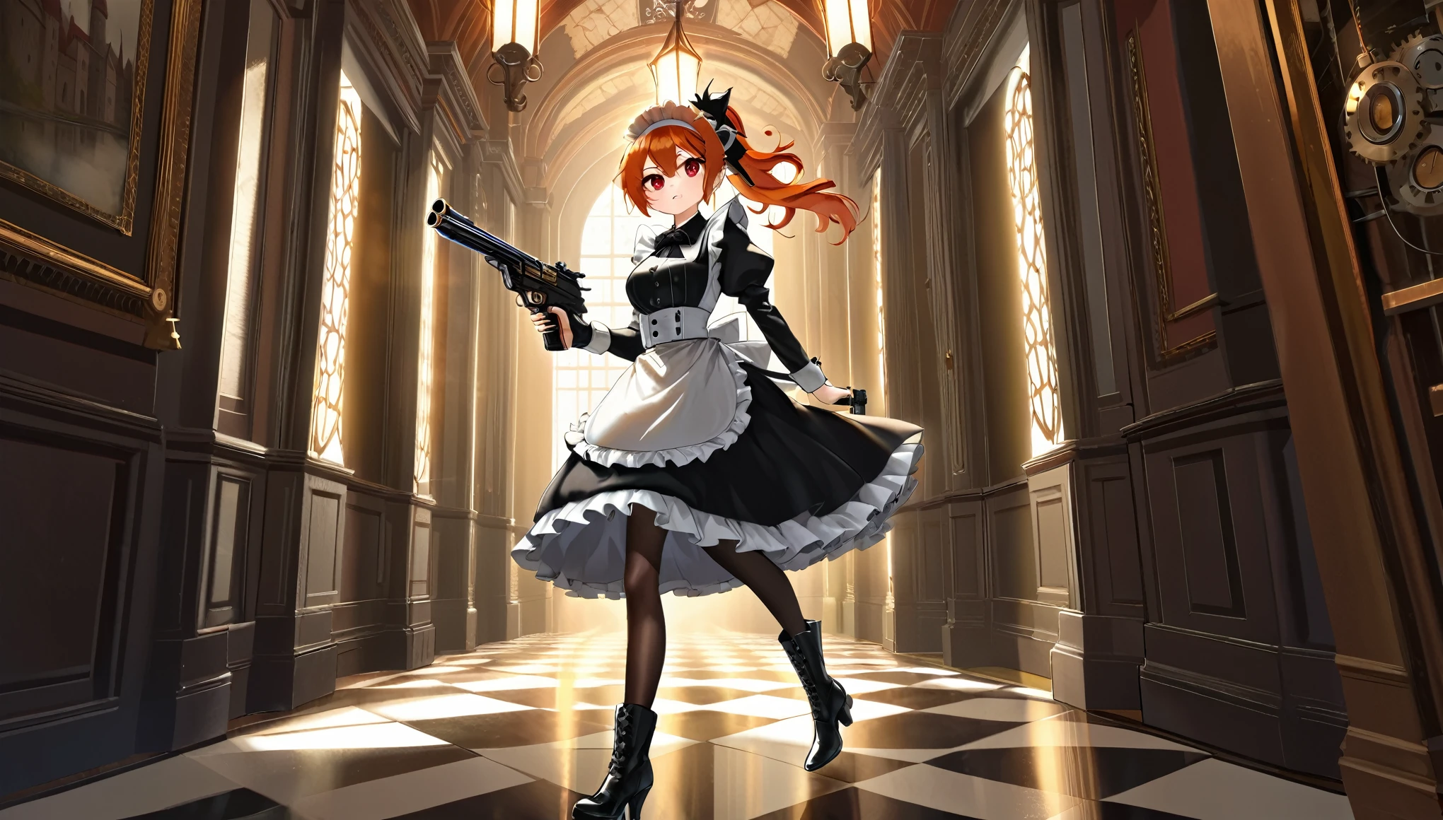 (best quality,4k,8k,highres,masterpiece:1.2),ultra-detailed, (1girl) A age gunslinger maid with red eyes, drawn in anime style, spiky ginger hair in a long ponytail, victorian fashion, wearing a cute black maid dress with puffy sleeves, corset, petticoat, bloomers, a frilly headband, a frilly white apron, high-heel boots, ribbons, wielding a gun, steampunk style, walking in a castle hallway, extremely detailed eyes and face,longeyelashes,volumetric lighting,cinematic lighting,dynamic pose,dramatic lighting,highly detailed texture,intricate details.