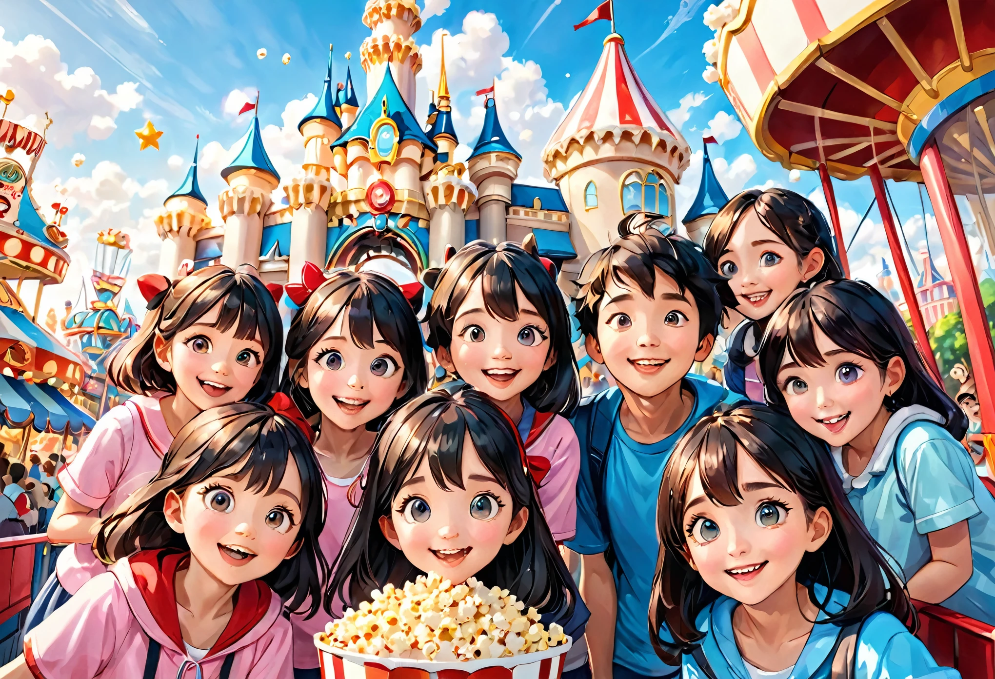 highest quality, highest quality, High-quality illustrations, masterpiece, Ultra-high resolution, Detailed Background, Detailed Background, Popcorn、amusement park, Disneyland, Group shot:0.5, 6+boy, 6+girl, Popcornを持っている、Happy, Joyful, Absurd(Very exquisite beautiful face and eyes)Perfect Anatomy(A photo I took with my friends)(kemono, Furry Personification)Selfie:0.5,