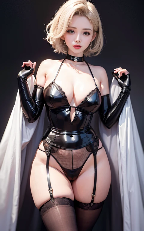 highest quality,masterpiece,High resolution,Marilyn Monroe(Beautiful Face),Looking at the audience,Are standing,((Bust Shot)),((Black patent leather bustier)),Hands wearing black patent leather gloves,Black garter belt、Black patent leather high boots、Black Mesh Stockings、right arm hanging down