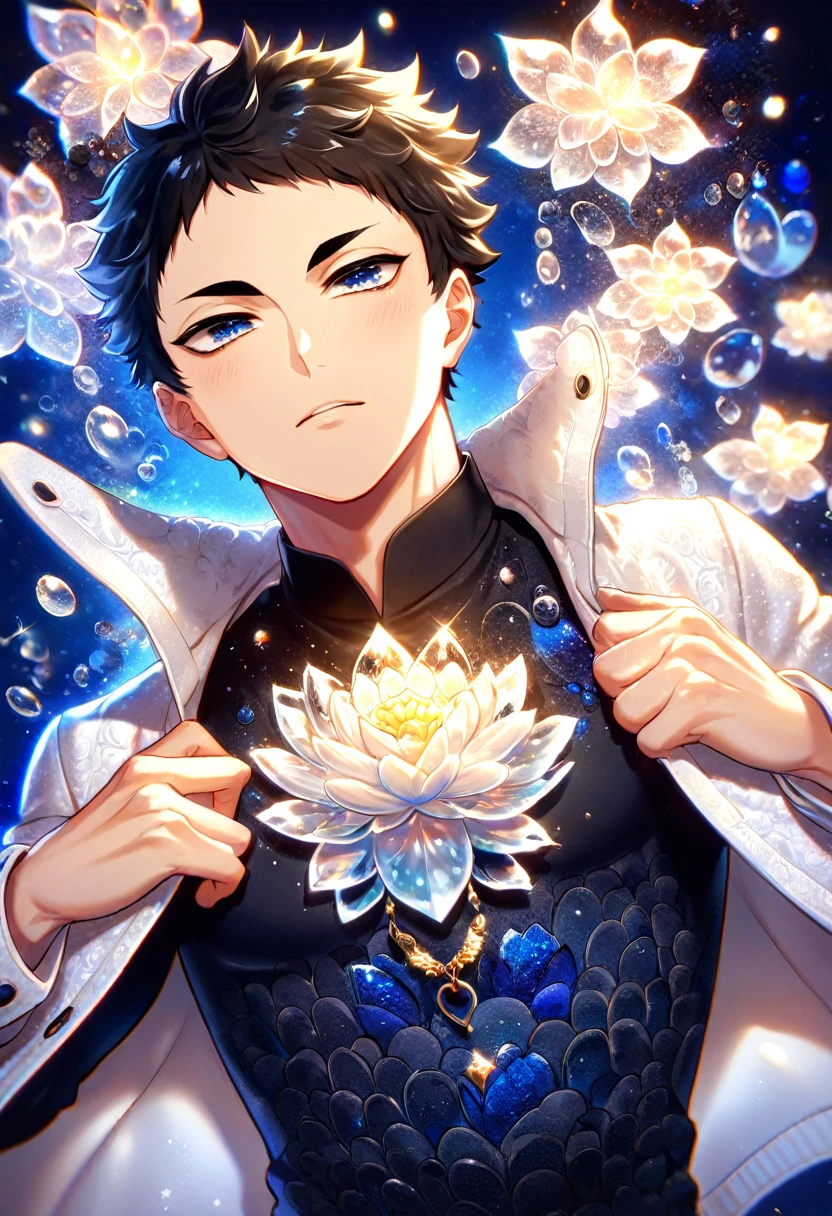 absurdres, highres, ultra detailed, HDR, master piece, best quality, Akaashi Keiji, black hair, expressive dark blue eyes, haikyuu, solo, sexy man, handsome, toned chest, white jacket, black shirt, patterns, magical, fantasy, blue background, blue lotus, shining, blue petals, blue glittering butterflies, glass sculptures 