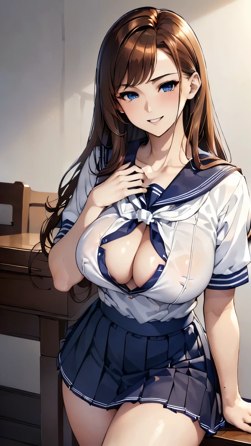 (highest quality, 8k, 32k, masterpiece, Hmph:1.2), (RAW Photos), (Realistic), (Realistic:1.2), (High resolution), Very detailedな, Very beautiful face and eyes, 1 girl,  Round and small face, big breasts and small waist、(((Small breasts)))、(((White wall background)))、Slim figure, (school uniform, Sailor suit、白いSailor suit, Dark blue pleated skirt:1.23), (Bust Shot)、(((Redhead)))、((short sleeve Sailor suit))、(close、highest quality、Attention to detail、Rich skin detail、Hmph)、(highest quality, 8k,  Tabletop:1.2), Very detailed, (Realistic, Realistic:1.37), (((Full Body Shot)))、Bright colors, (((Hand in hand)))、(((Sexy vibe)))、(((20-year-old woman)))、((Bust isＤcup))、(((Light brown hair)))、(((White Background)))、(((Cleavage)))、(((Girlish hairstyle)))、(((Long Hair)))、(((In front of a white wall)))、(((Light brown hair)))、(((I put my hand on my cheek)))、(((He has a wicked smile on his face)))、(((The girth of the chest is 85 cm)))、(((Small breasts mischievous expression)))、Sailor suitコスプレ