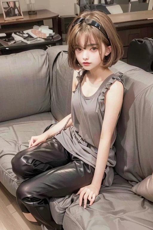 ((ultra realista)), ((imagem perfeita)), ((rosto perfeito)), ((ultra detalhado)), ((corpo inteiro)), a young age girl sitting on a sofa