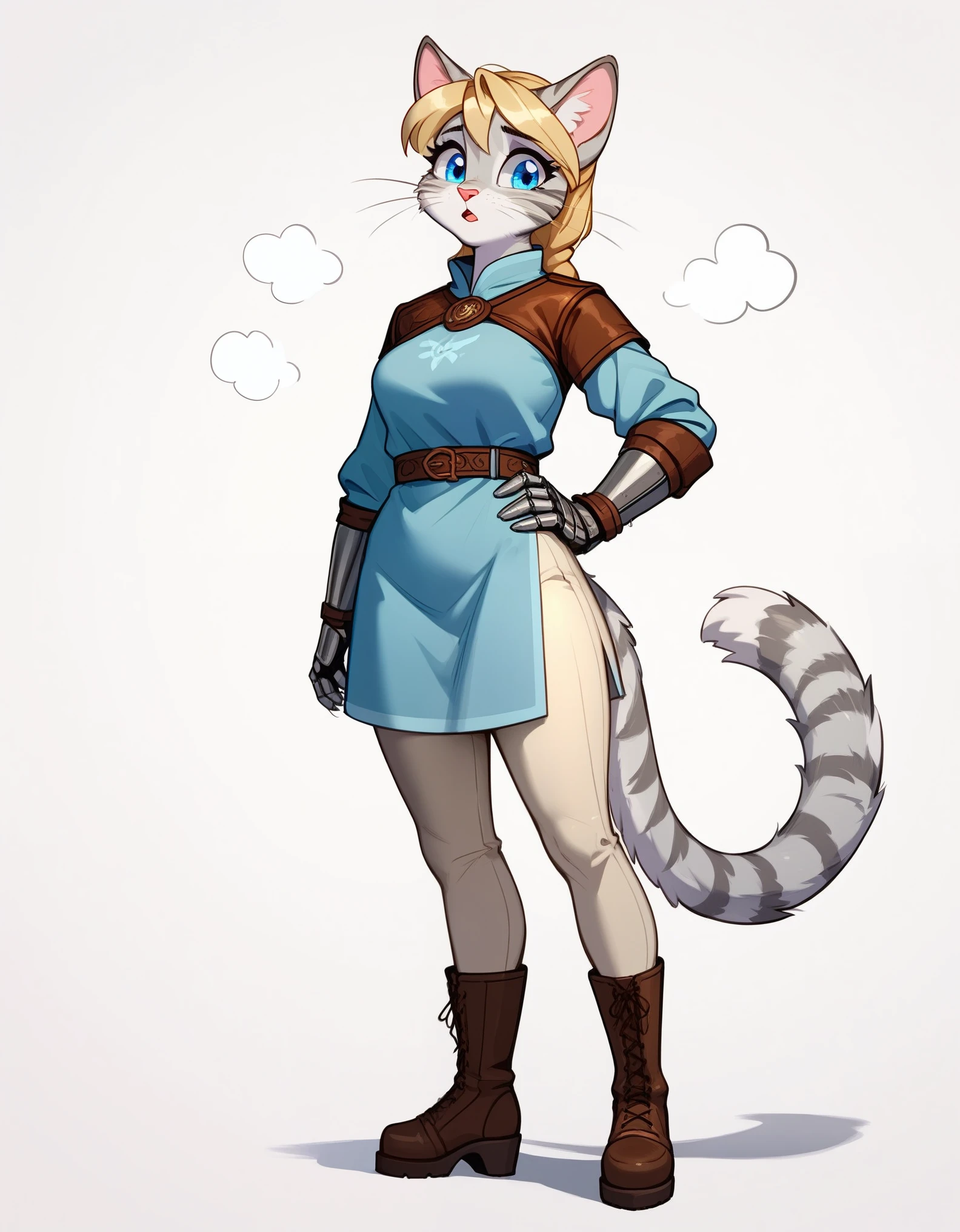 Solo, score_9,score_8_up,score_7_up, source_furry, ((Kat, Anthro furry feline girl, tall body, adult female, blue eyes, silver fur, grey stripes, blonde hair with pony tail, :3, white whiskers, pink nose)), wearing simple blue long sleeve tunic, brown leather gauntlets, light brown tight pants, brown wedge heel boots, standing, one hand on hip, sad eyes, eyes, half open, mouth open, visible sigh, breathe puff, she is sweating, simple white background, full body shot,