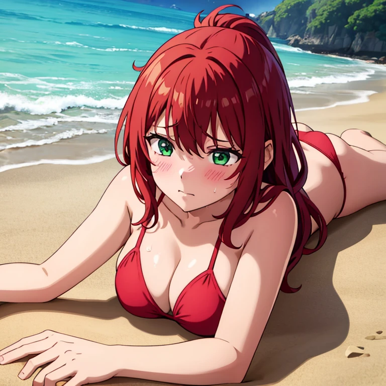 A girl is playing happily on the beach with a red bikini and she looks like she is about 20 years old. You decide to lie down a little to talk to her, but a stone makes her fall and she falls on top of you, leaving herself in an uncomfortable position. The girl blushes and becomes very sad. and you can see in his green eyes that he is attracted to you