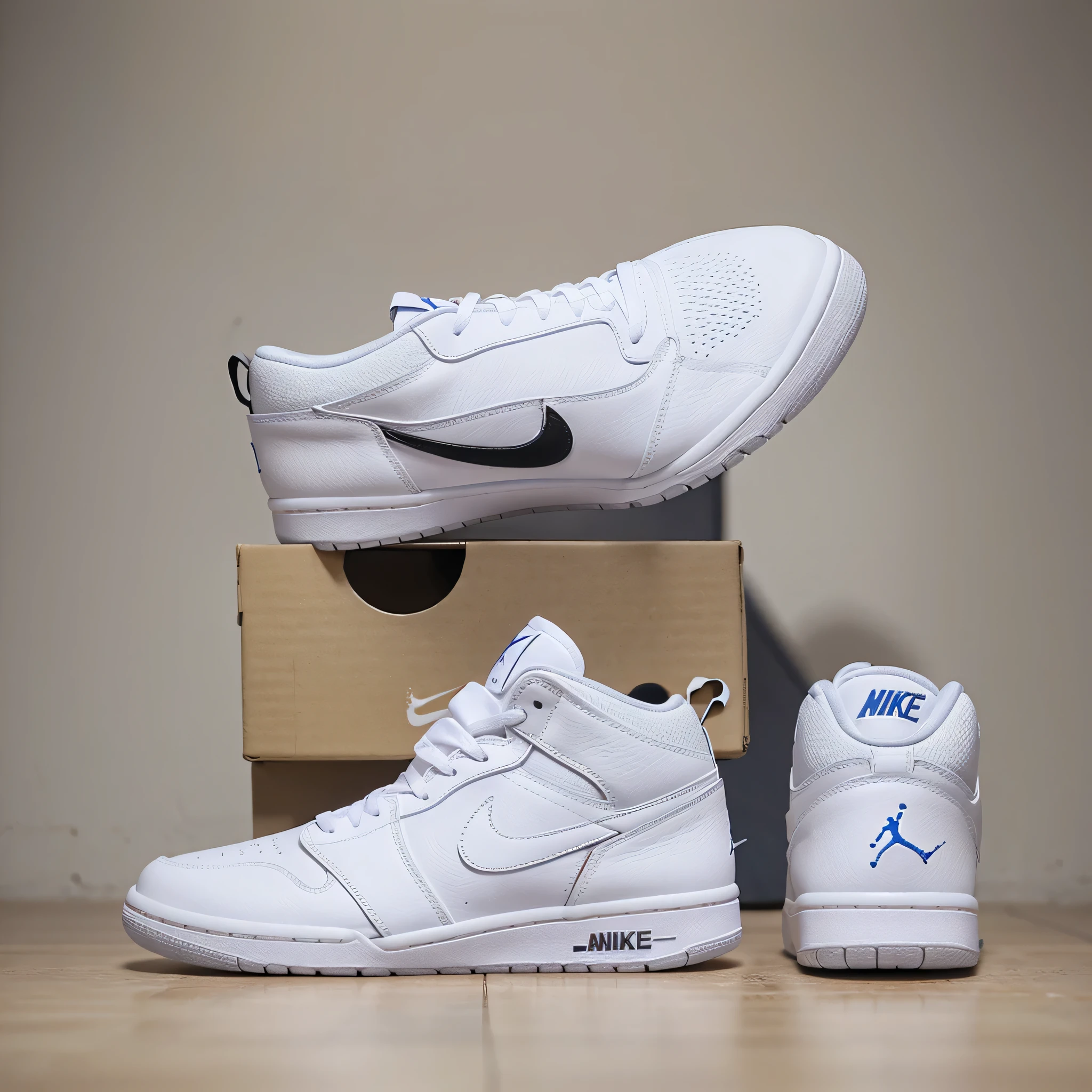 generame unos zapatos blancos jordan con la marca nike y con la tematica de guitarra