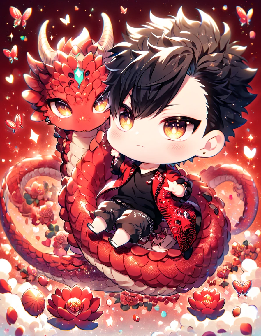 Ultra detailed, Highres, absurdres, HDR, Kuroo Tetsurou chibi, black hair, expressive golden eyes, red coat with patterns, Haikyuu, black shirt, fantasy, glittering red butterflies, ruby, petals, handsome, man, very detailed eyes and face, master piece, glittering, red lotus, red background, hugging a ruby red dragon, cute, love, magical, best quality, perfect features