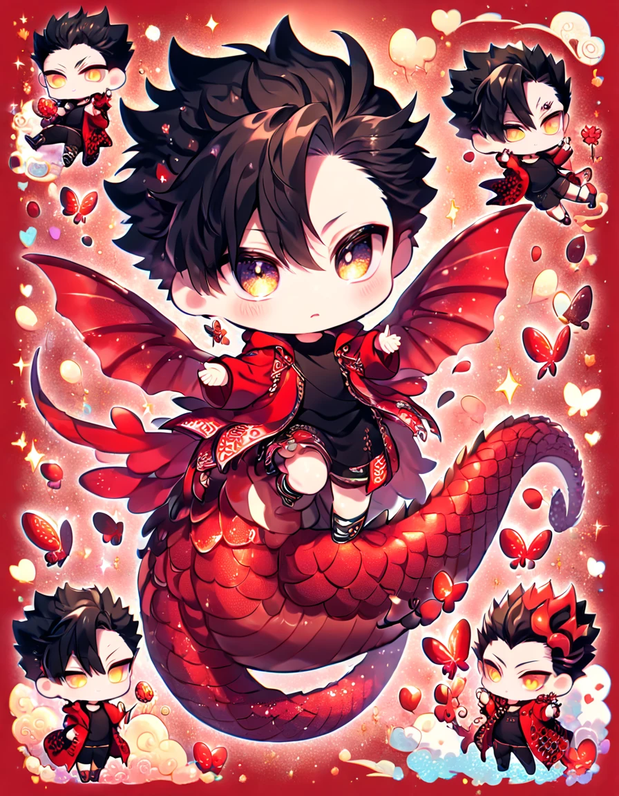 Ultra detailed, Highres, absurdres, HDR, Kuroo Tetsurou chibi, black hair, expressive golden eyes, red coat with patterns, Haikyuu, black shirt, fantasy, glittering red butterflies, ruby, petals, handsome, man, very detailed eyes and face, master piece, glittering, red lotus, red background, hugging a ruby red dragon, cute, love, magical, best quality, perfect features