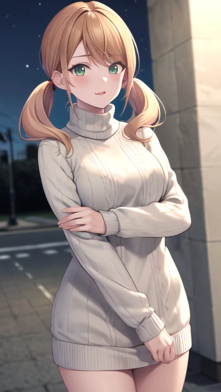 masterpiece, best quality, highres, 1girl, solo, blonde hair, low twintails, green eyes, sweater dress, turtleneck, long sleeves, standing, cowboy shot, street, night