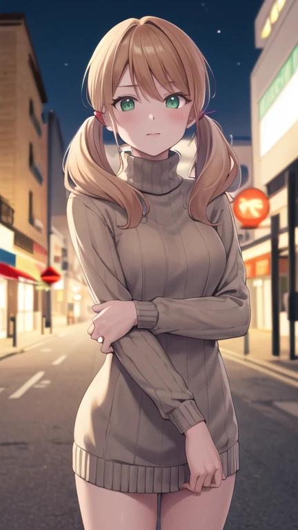 masterpiece, best quality, highres, 1girl, solo, blonde hair, low twintails, green eyes, sweater dress, turtleneck, long sleeves, standing, cowboy shot, street, night