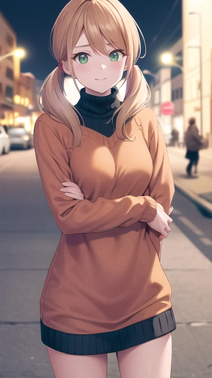 masterpiece, best quality, highres, 1girl, solo, blonde hair, low twintails, green eyes, sweater dress, turtleneck, long sleeves, standing, cowboy shot, street, night