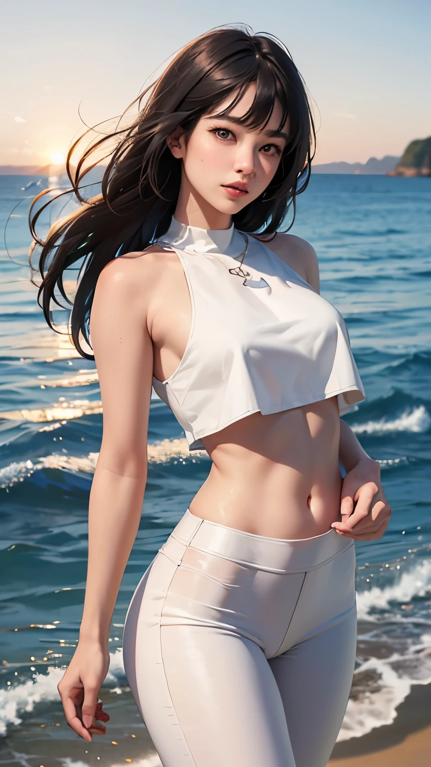 (logo、masterpiece、8k、Tabletop、RAW Photos、wonderful、最high quality、Photorealistic and Very detailed CG integrated 8k wallpaper、high quality、Very detailed、Narrative poem、Particle Effects、Dynamic Effects、Written boundary depth、Cinematic Light、Lens flare、Ray Tracing)、Fantasy、 (One beautiful woman、White pants、White T-shirt、White tube top、White crop top、Black-haired、Beautiful Face、True Face、Beautiful details、eye、Beautiful Skin、Ultimate Body、glamorous)、私の髪はWindに舞う、Hair flutters in Wind、Hair bounces、Seaside、wonderful景色、Coastal、sunrise、Sun in the background、Wind、Beach
