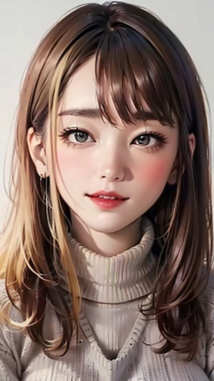 (Top quality masterpiece:1.2) Delicate illustrations, Very detailed, /Beautiful Japanese Women、1 person,Very cute and slim、Great style 、((8k images、super high quality))、Very delicate face, beautifule forehead、Large Breasts、Bright red lipstick,(((((Mid-length hair、Light brown hair、Blonde Hair))))),very cute、Kind eyes,((((Tight sweater、V-neck))))
