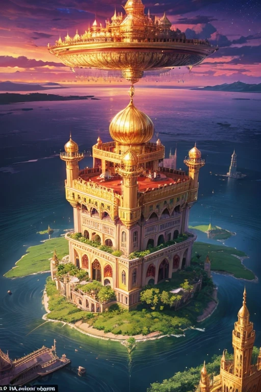 floating island with golden Muslim palace with vegetation and rivers with a tower in the center with a purple fire and green sky background