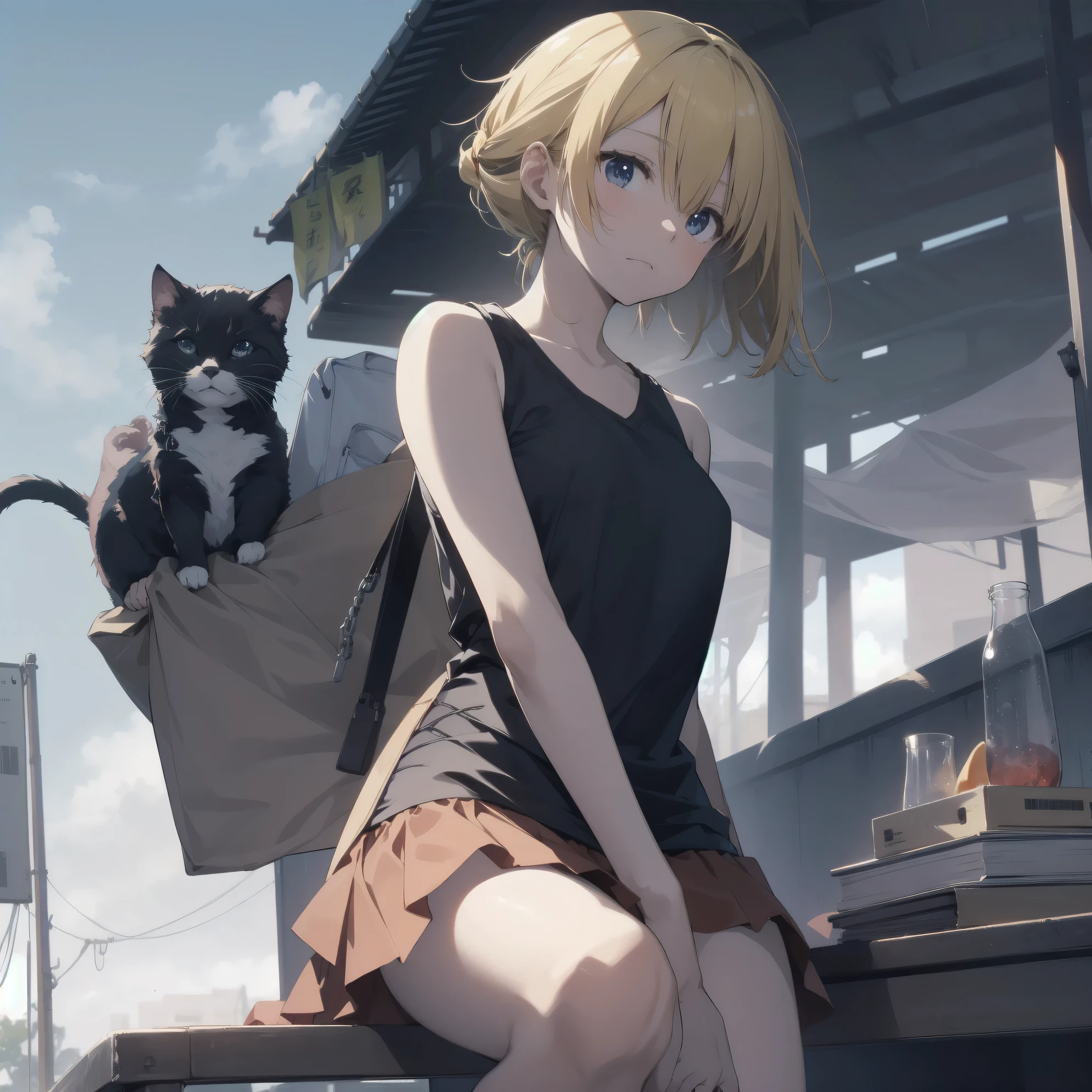 ultra-absurdres-Top quality by artist God, ultra-detailed, high resolution, anime moe artstyle, best anime 8k konachan wallpaper, pixiv contest winner, pool:2810, perfect anatomy,break, cat, 1girl, (Please draw a girl and cat walking sleepily. )break,(Solo,dark-skinned female, 10-year-old:1.3),Full limbs, complete fingers,, (short hair, low ponytail),  flat chest, , small butt, small black eyes, beautiful detailed eyes, well-proportioned iris and pupils, expressive eyes, highres detailed hair, tank top, bare shoulders, short shorts, (Detailed Lighting), (Detailed background),summer, In Nature. break,super detailed skin, Best cinematic lighting powered by famous artist, 8k,beauty illustration,photoshop_(medium),very aesthetic,break,((artist:yaegashi_nan )), artist:clamp ,artist:carnelian ,artist:kantoku ,
