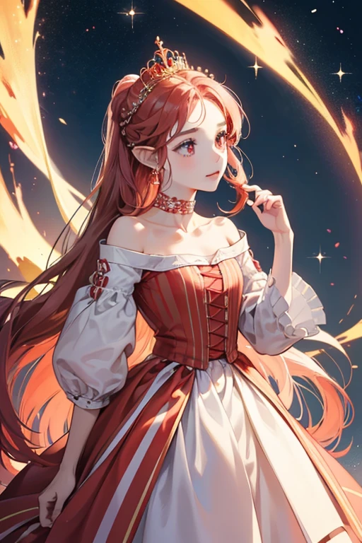 She has white skin, coral red eyes, rosy cheeks, long pointy ears, and light red hair .she wears a golden tiara on her head. Her two parts of her hair are tied into braids. Her hair is adorned with small blue flowers. She wears flower earrings with stripes on it. She wears a light red choker on her neck. She wears a long dress, with a big 'v' on the middle of her top, with a light red shirt tucked inside it. There is a half of the gradient color of light red on her skirt. She also has a green ribbon attached behind her dress.  SPARKLE; GLITTER