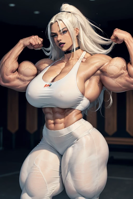 ((((Massive tall, beautiful, buff, sweating, light brown skinned muscular woman with white hair, black lipstick, ginormous bulky muscles, flexing her biceps and wearing a white sport bra and jogging pants)))), (close view), massive muscle, massive biceps, hyper muscle shoulders, massive muscle arms, vascular shoulders, hyper muscle triceps, (long straight hair), blue eyes, gloves, choker, sneakers, in a gymnasium, confidant smile, night, hyper vascular arm, hyper muscles arms, hyper muscle legs, (massive arms).