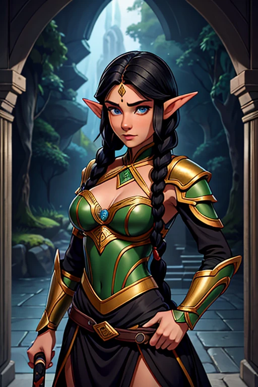 1 elf female,long silky black hair in braids,orelhas pontudas,olhos azuis, labios finos,rosto redondo,seios enormes, quadris largos,wearing light elven battle armor and always with a thin-bladed sword in his hands.estilo coquete e melindrosa