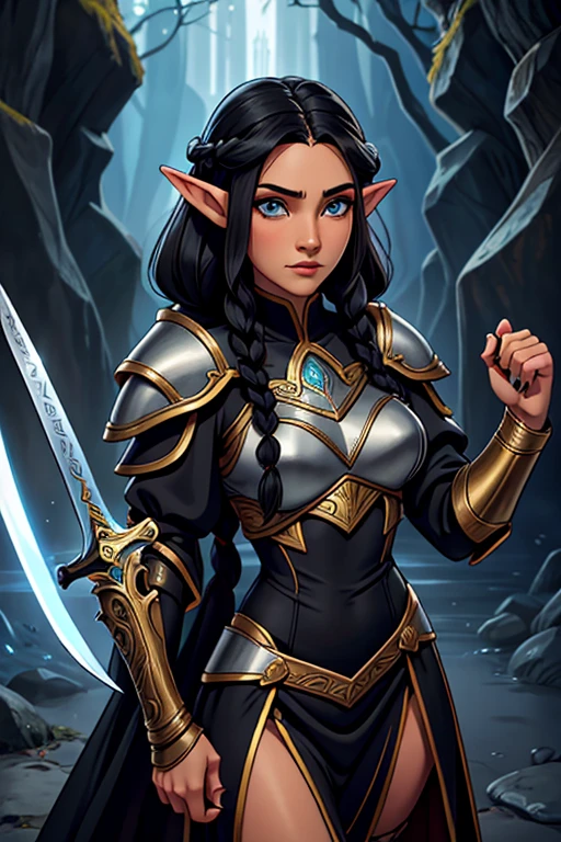 1 elf female,long silky black hair in braids,orelhas pontudas,olhos azuis, labios finos,rosto redondo,seios enormes, quadris largos,wearing light elven battle armor and always with a thin-bladed sword in his hands.estilo coquete e melindrosa