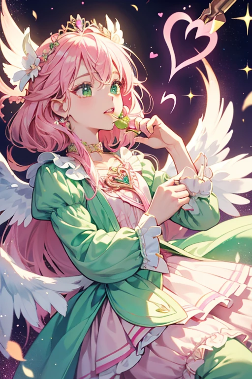 Lip's Fairilu Key is colored pink. The handle is outlined and heart shaped, with a tulip flower crest inside, adorned by a green gem. The heart is placed on top of another small heart with two small wings. The key's teeth is shaped with a capital 'F' placed on its long side. SPARKLE; GLITTER