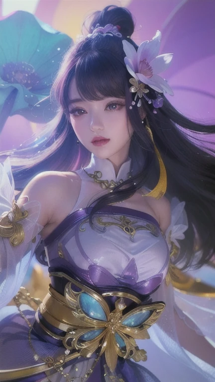 (8k, RAW photo, photorealistic:1.25) ,( lipgloss, eyelashes, gloss-face, glossy skin, best quality, ultra highres, depth of field, chromatic aberration, caustics, Broad lighting, natural shading,Kpop idol) looking at viewer with a serene and goddess-like happiness, purple lotus flower